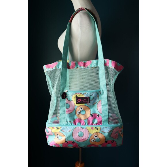 Betsey Johnson Donut Print Beach Mesh Cooler Bag Tote Zip Pocket Summer - Picture 1 of 16